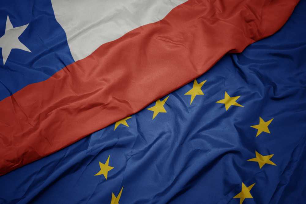 Waving,Colorful,Flag,Of,European,Union,And,Flag,Of,Chile.