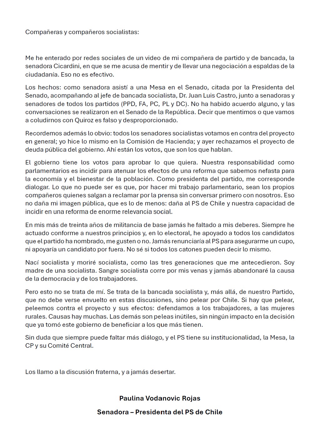 declaracion de Paulina Vodanovic